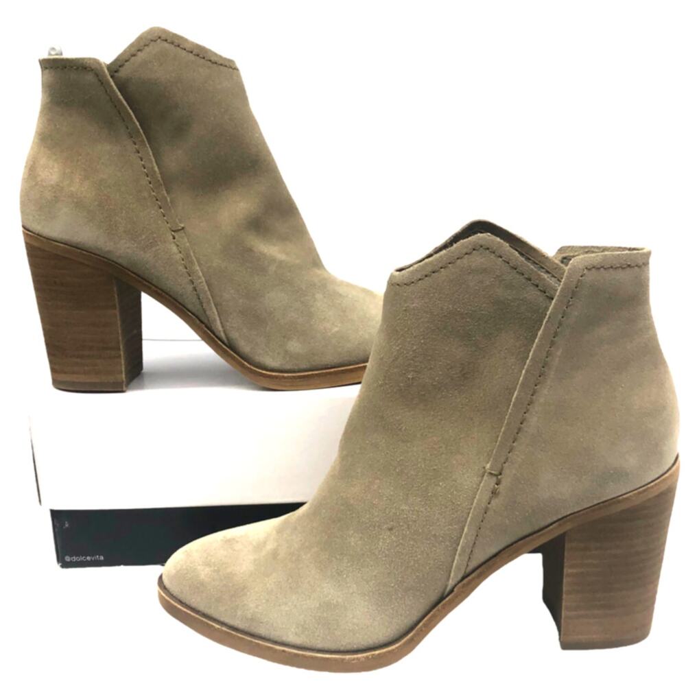 Dolce Vita Tan Dark Taupe Suede Shep Booties Heeled Ankle Boots 9.5